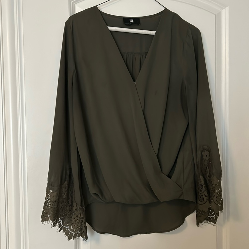 Olive green wrap blouse with lace sleeves